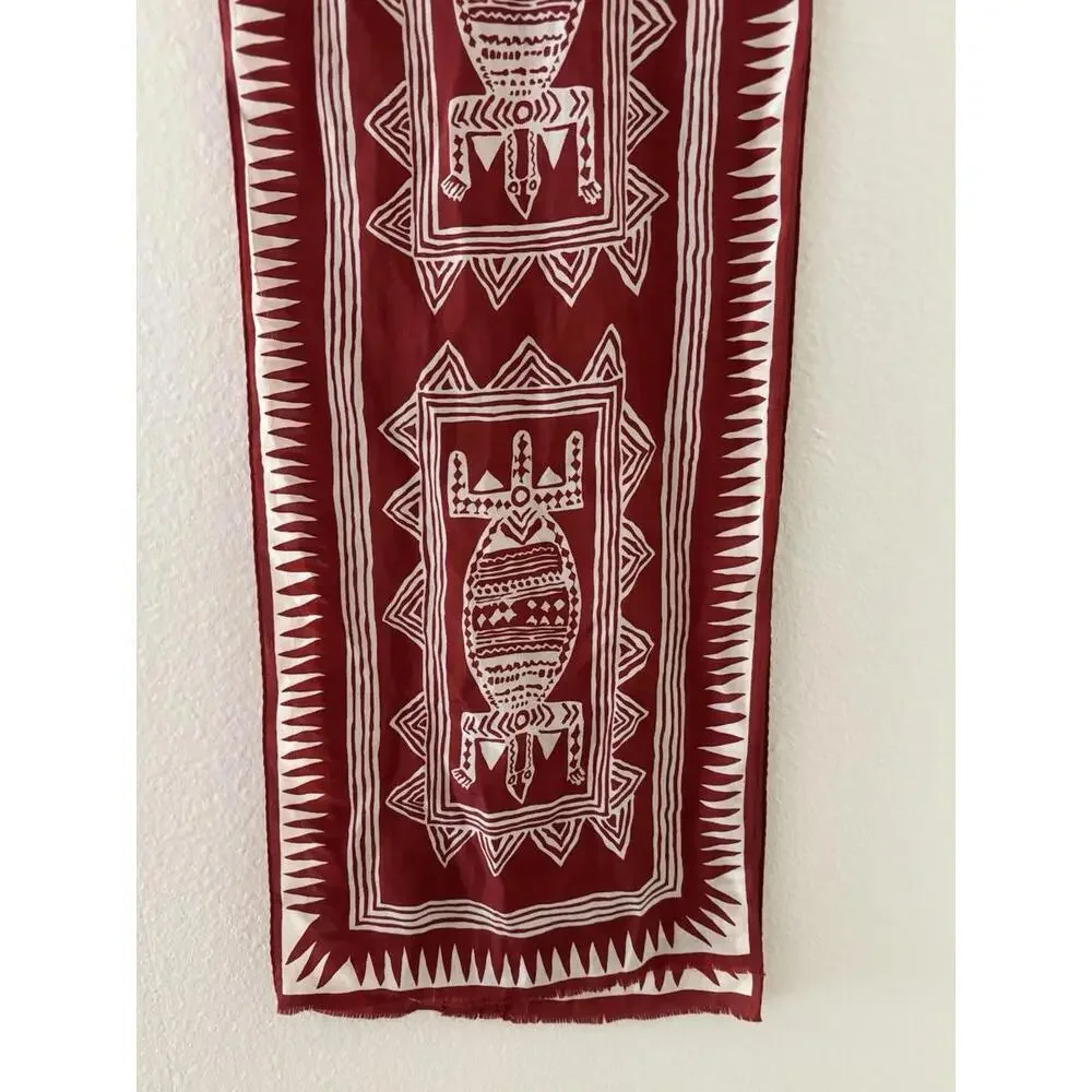 Adrienne Vittadini Tribal Print Scarf Red White Abstract 52x11” Vintage